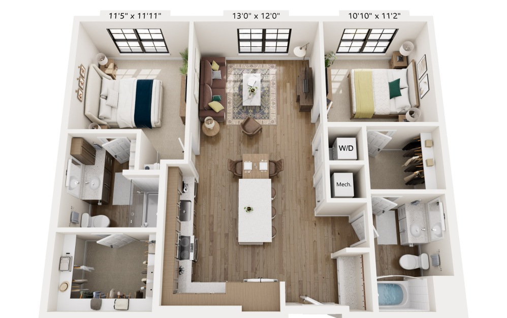 The Ellis - 2 bedroom floorplan layout with 2 bathrooms and 1110 square feet