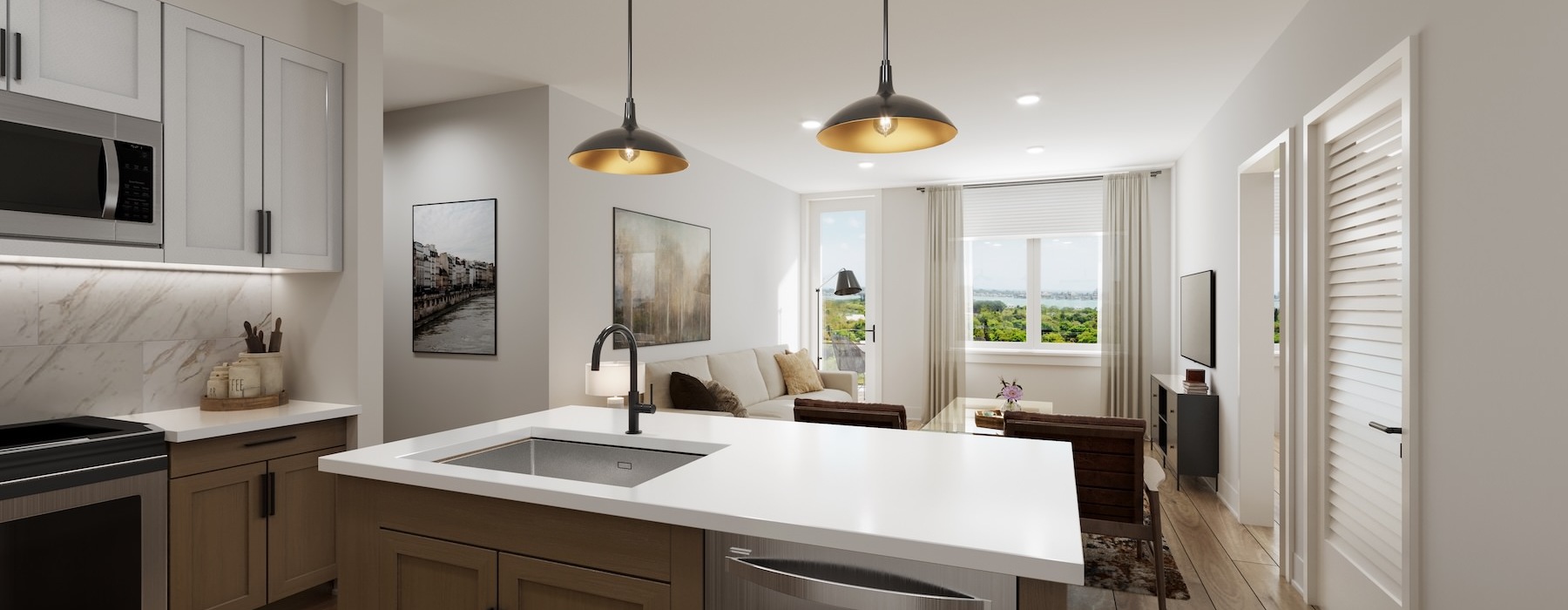 a kitchen with white cabinets